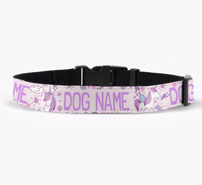 Personalised Fabric Collar with Unicorns and {breedFullName} Icon for {dogsName}